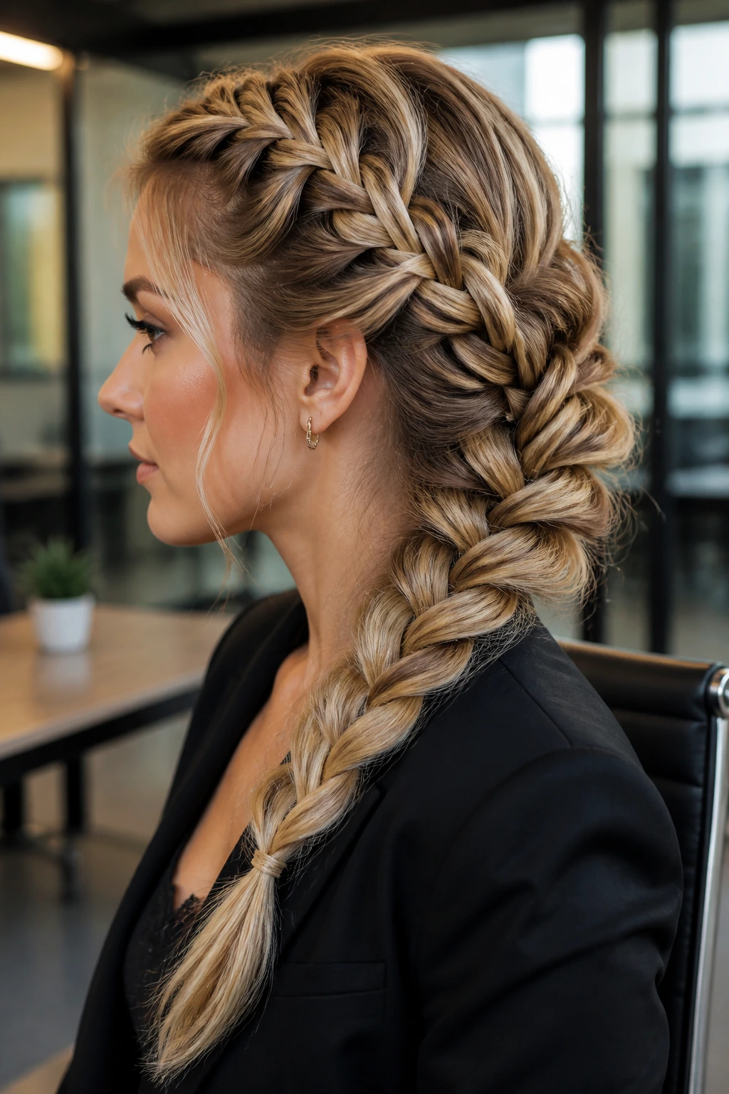 Profile view of a real woman with a side-swept Viking braid in an office.