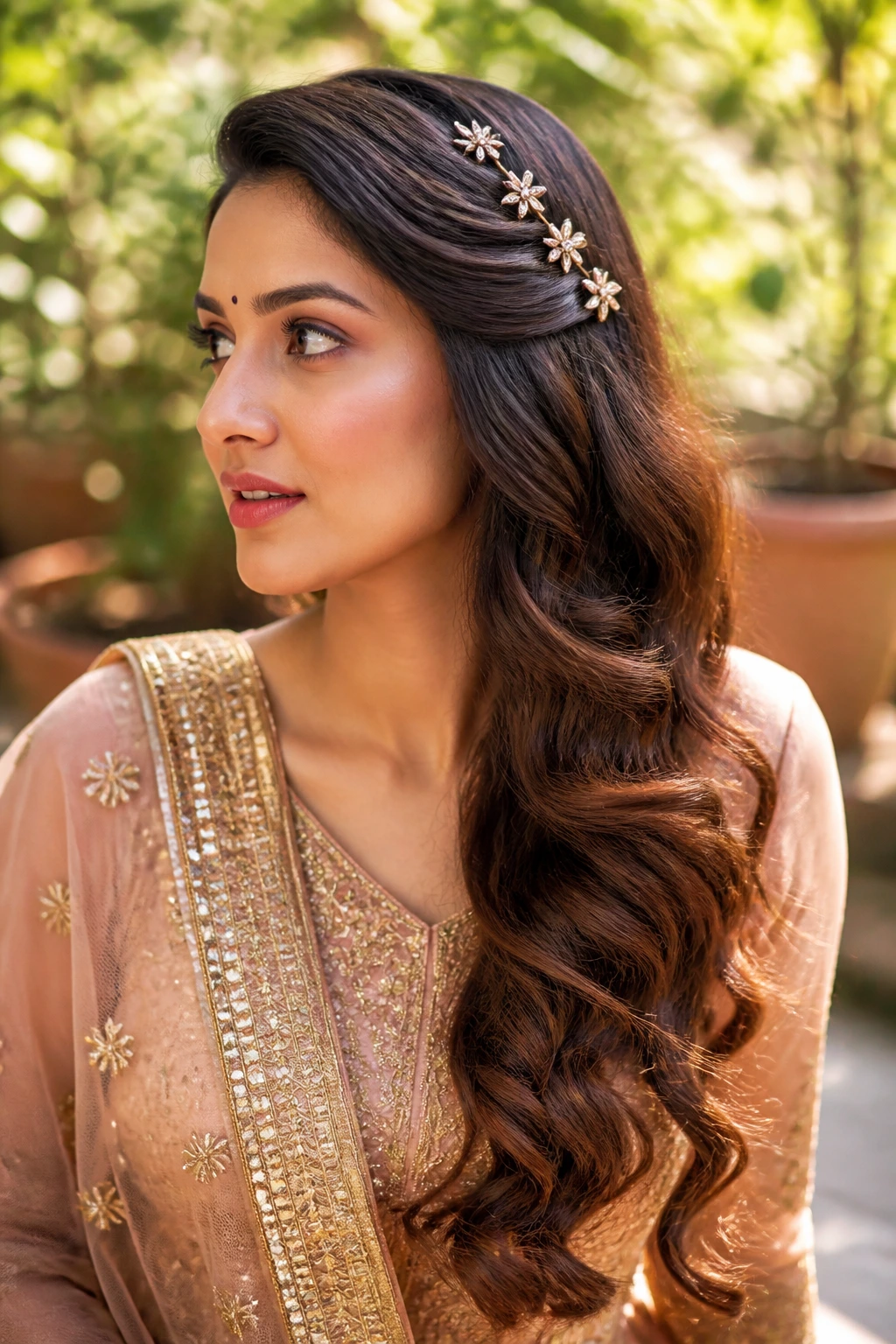 Side-swept waves with jeweled pins on a real woman.