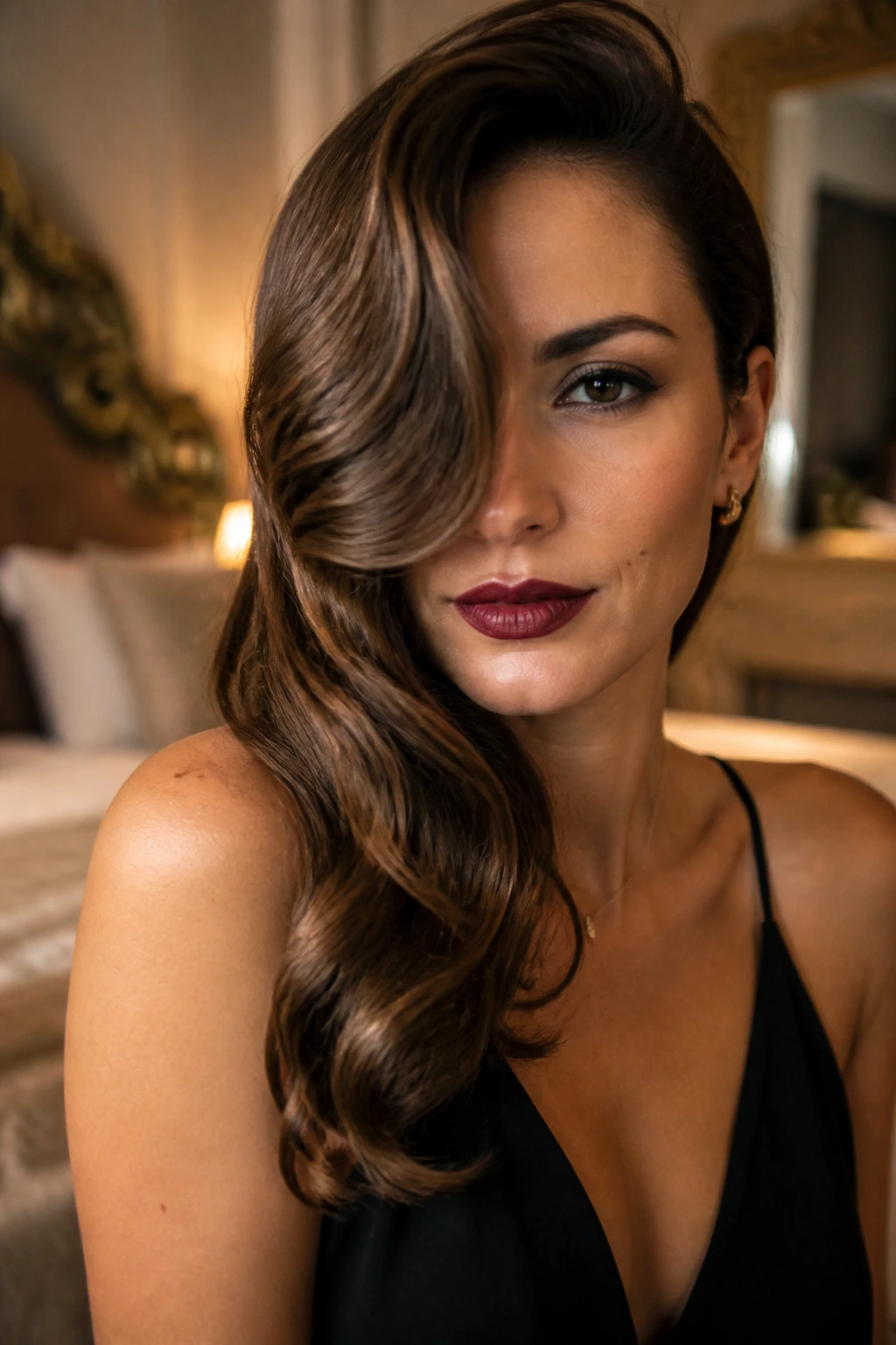 Close-up of a real woman with side-swept Hollywood glam waves and a deep side part.