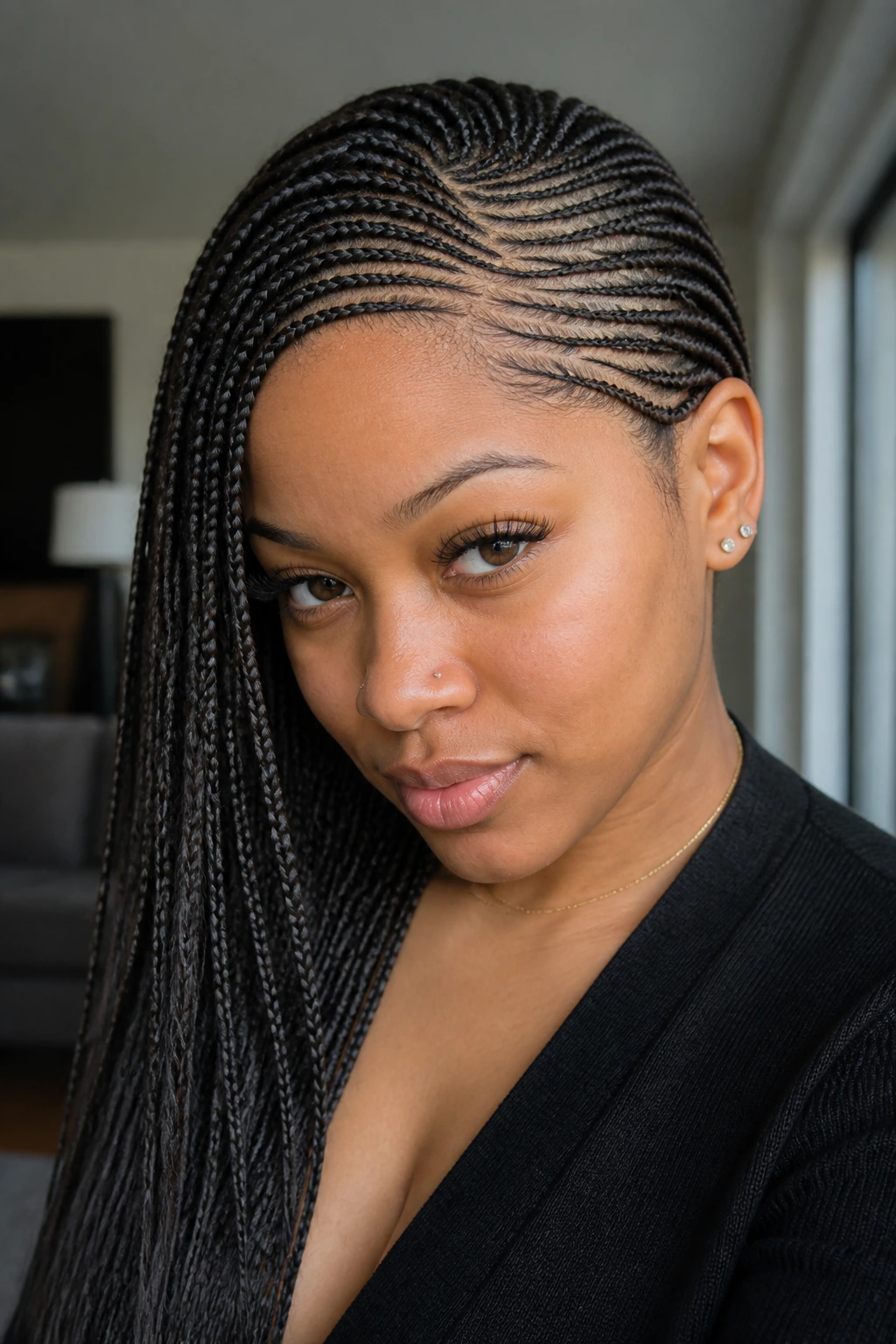 Portrait of micro cornrows with a side swoop on a real person