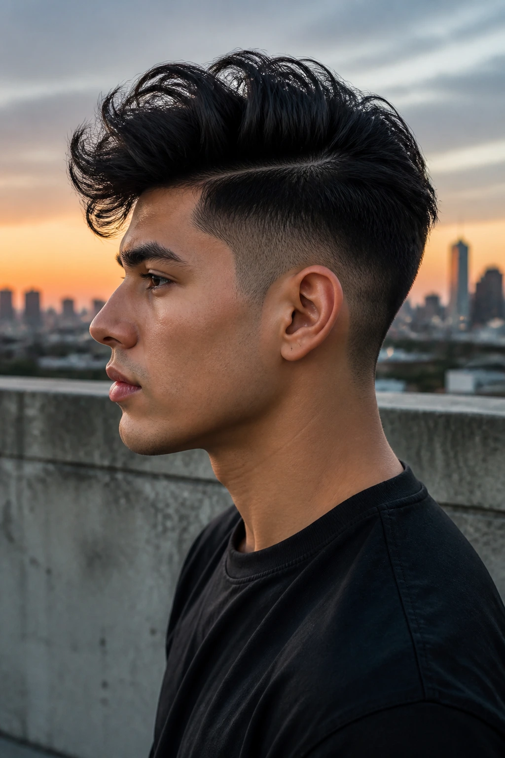 Close-up profile of a real person with side-taper and disconnected top quiff