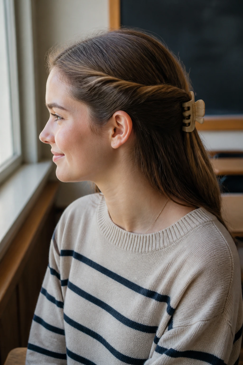 Three-quarter profile of a student with side twists secured by a claw clip