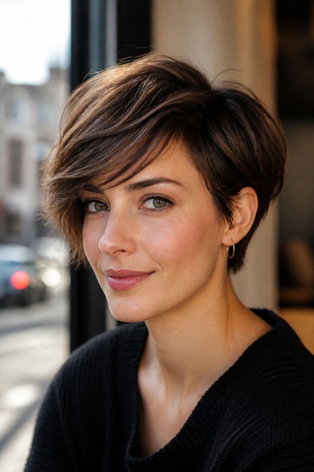 Portrait of a woman with a deep side-parted, sideswept choppy crop