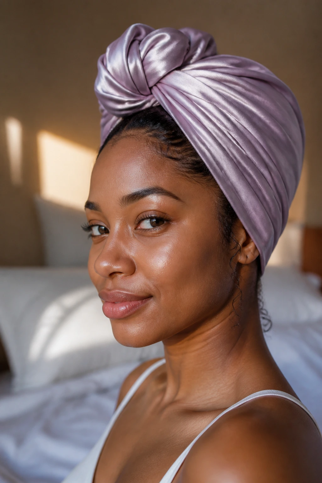 Real woman wearing a silk headwrap protecting frizz.