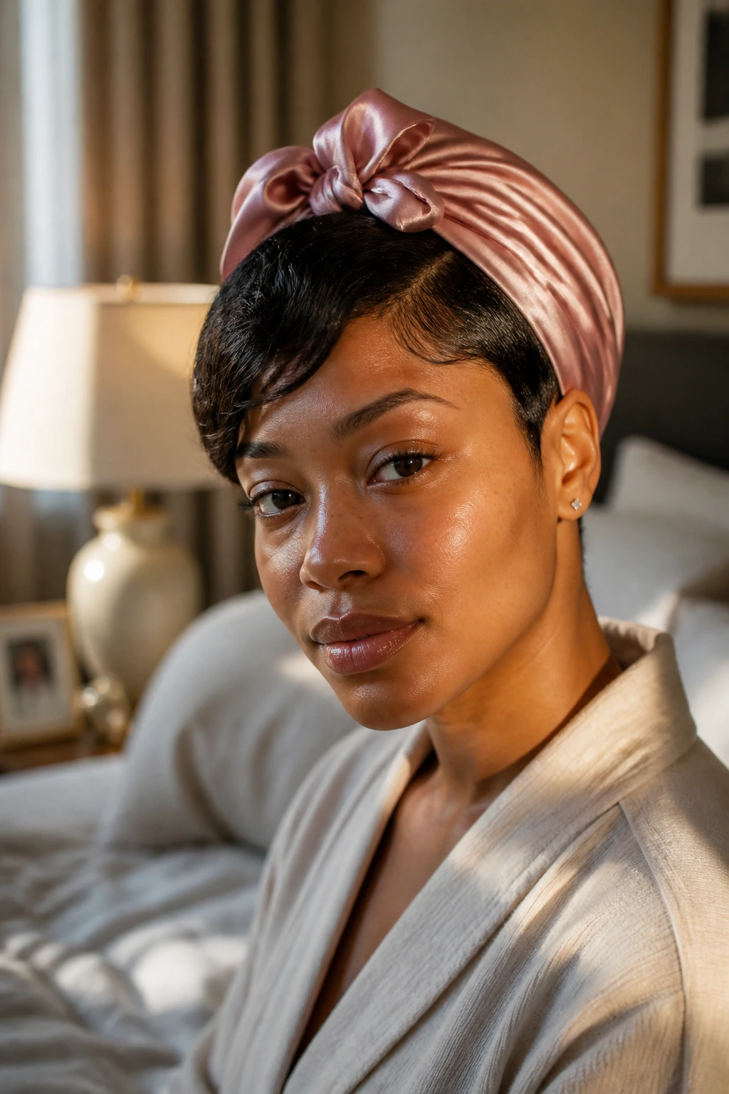 Person wearing a silk headwrap in a cozy bedroom setting.