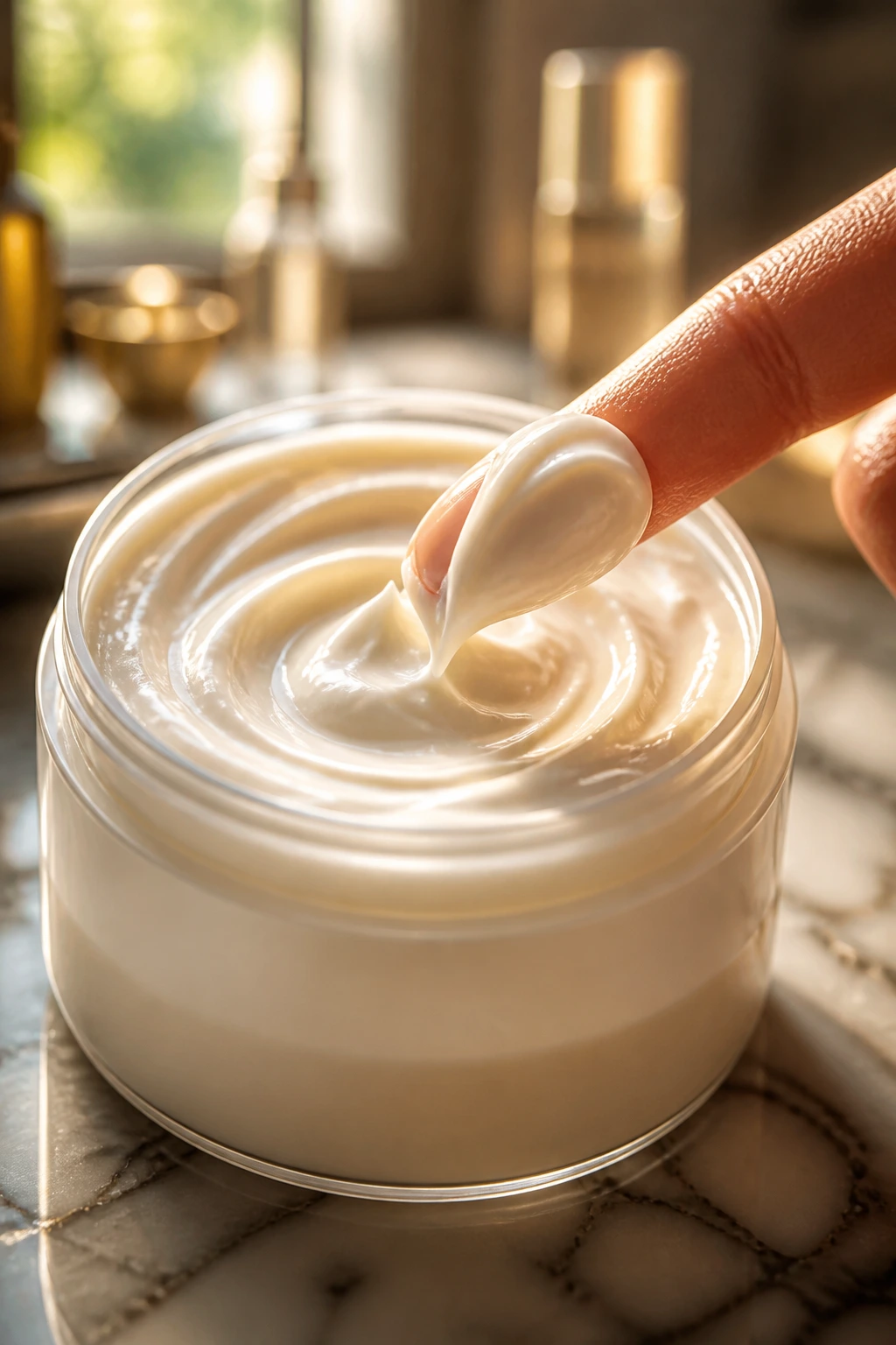 Open jar of silk-infused styling cream with a fingertip scoop