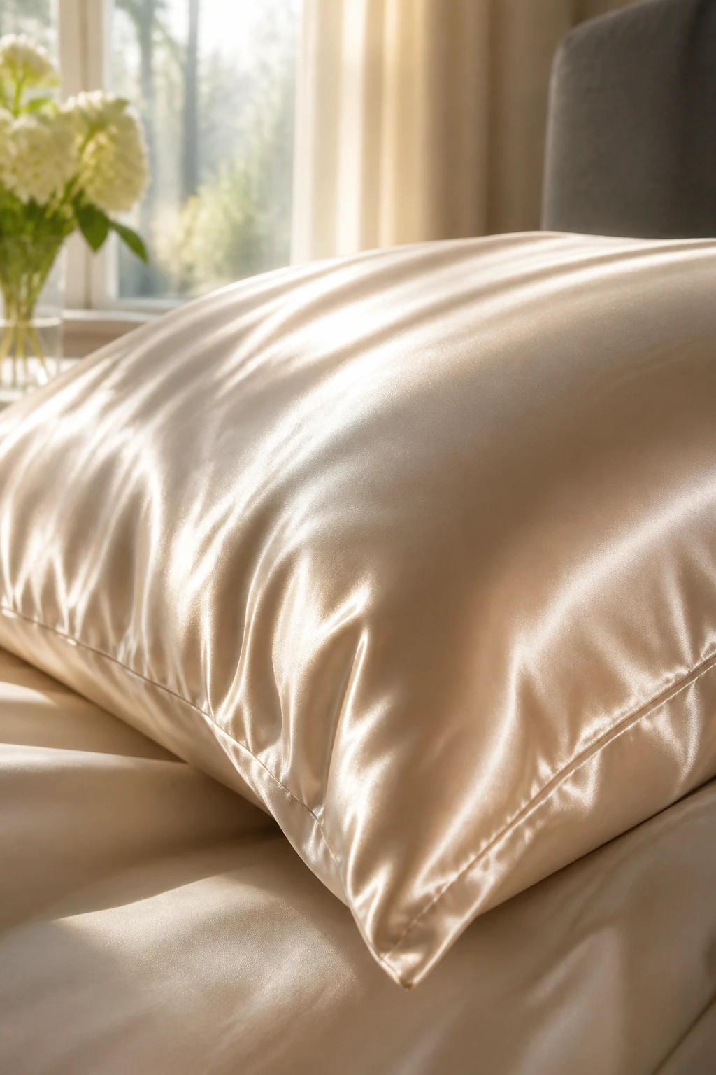 Close-up of a silky pillowcase on a pillow in a bedroom, smooth fabric sheen