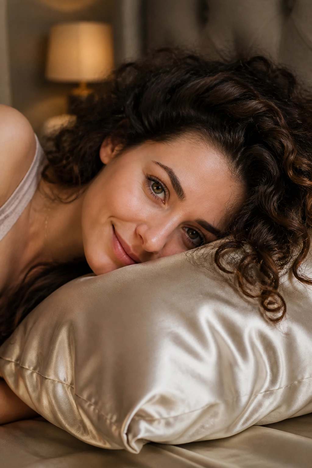 Close-up of person resting on silk pillowcase reducing friction and frizz