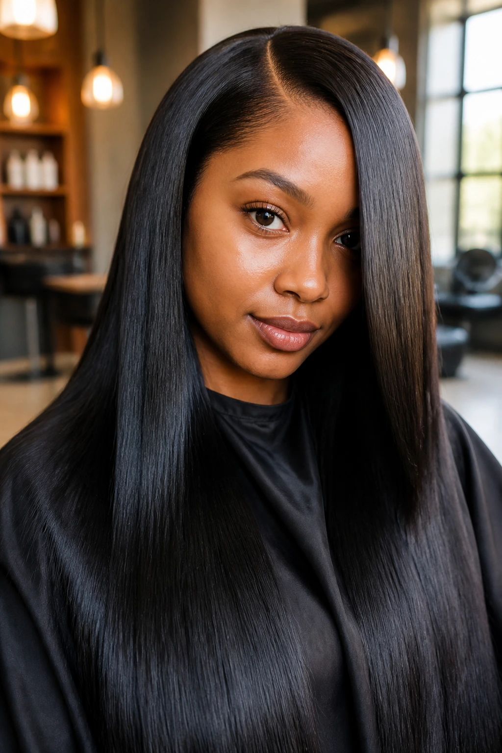 Close-up of a woman with glossy silk-pressed hair in a sunlit salon