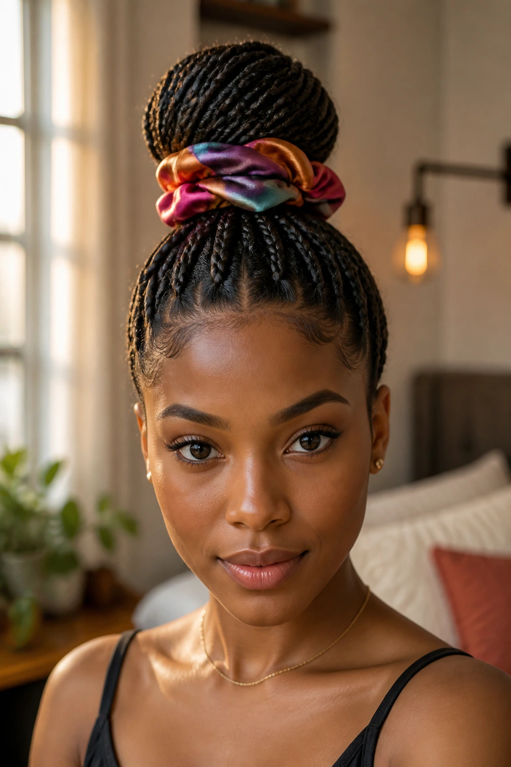 Close-up of silk scrunchie securing a high bun on a real person