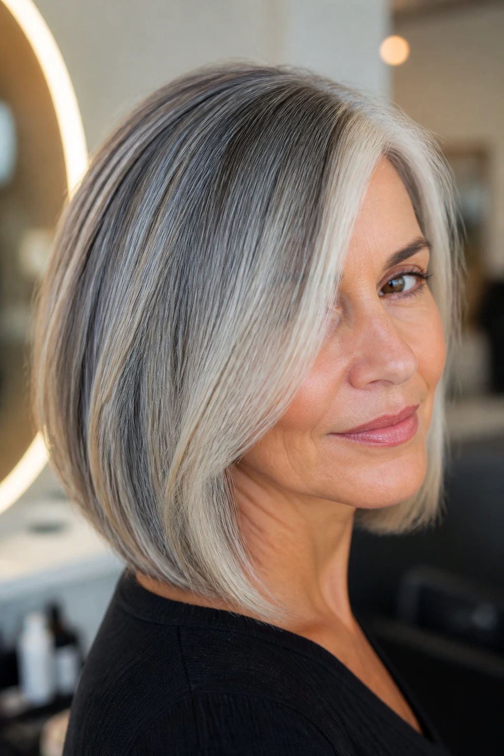 Portrait of a real woman with silver-gray balayage on a lob