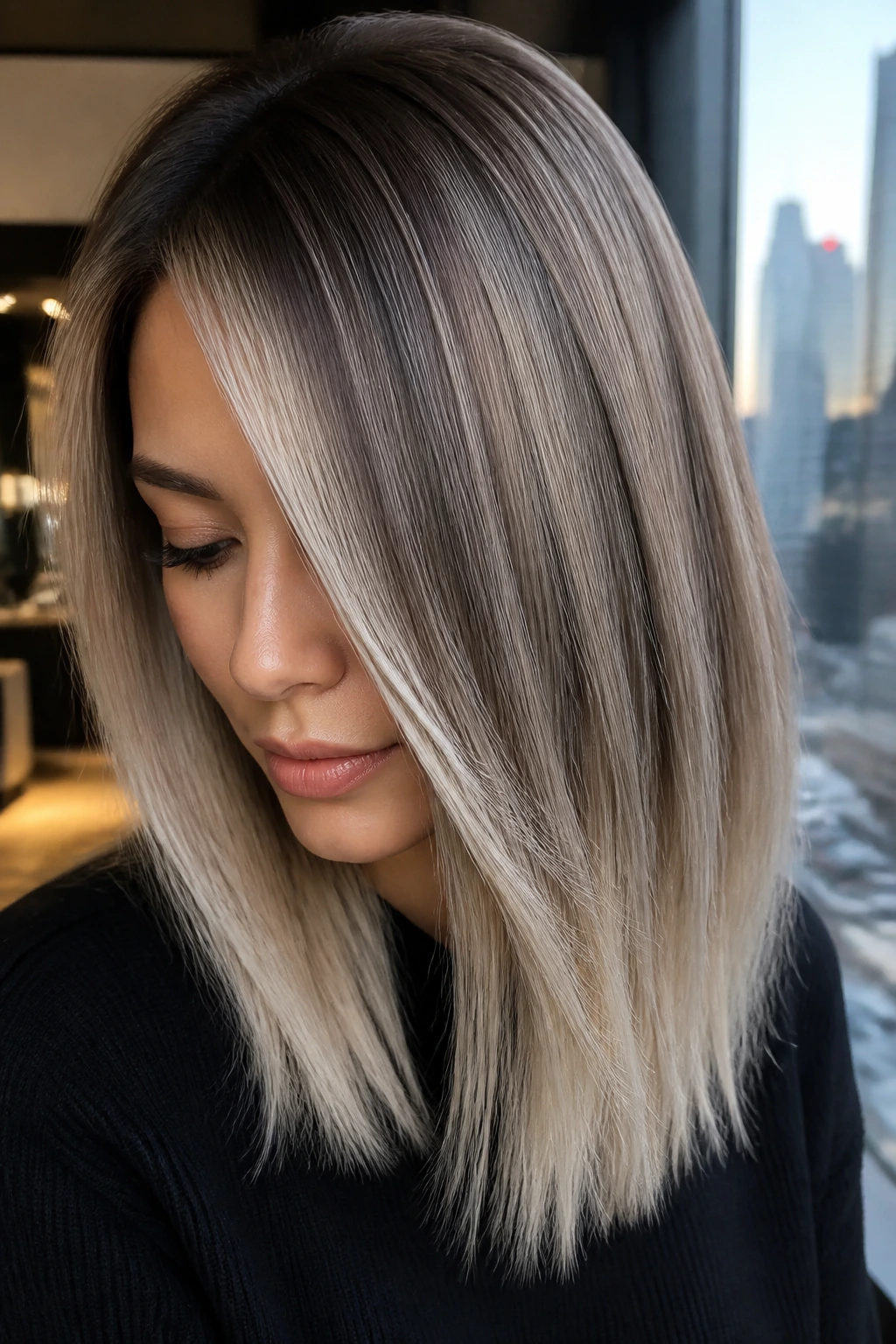 Close-up portrait of a real woman with silver-beige frosting on ends