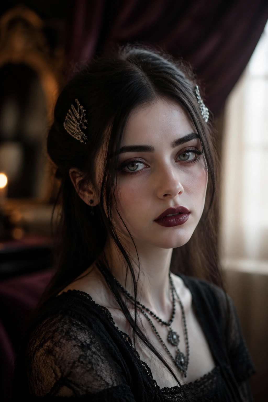 Close-up portrait of a real woman with silver combs pinning back tendrils for a face-framing look