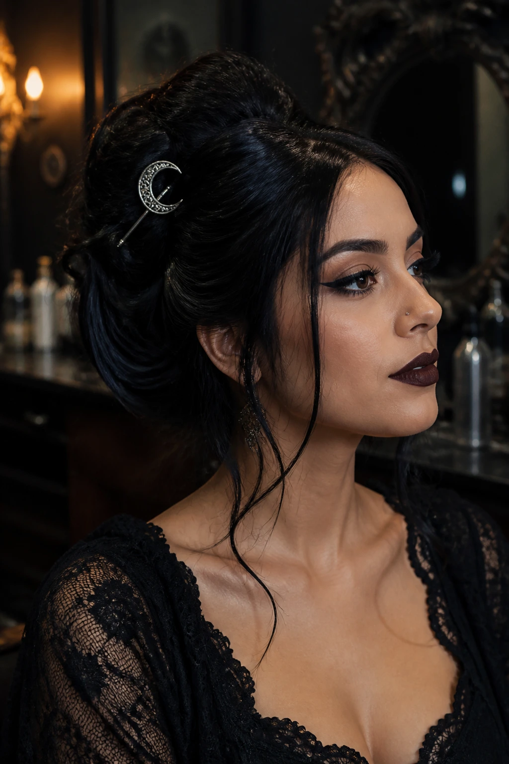 Latina woman with silver hair jewelry woven into updo