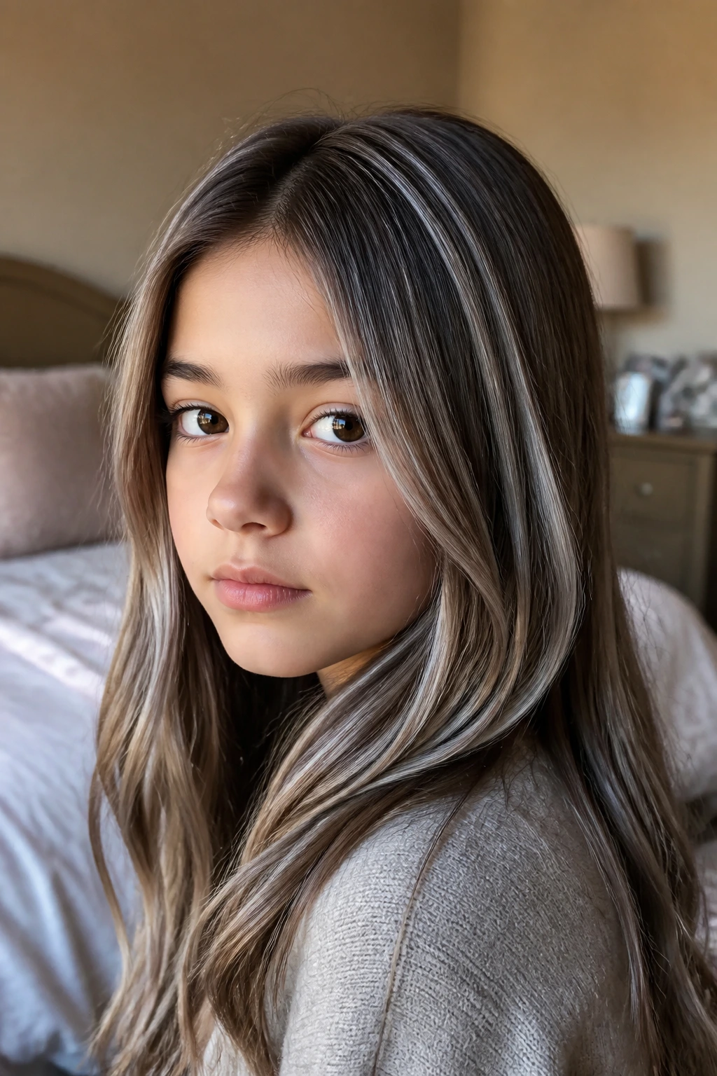 Close-up of a child with icy silver highlights in brown hair under natural window light