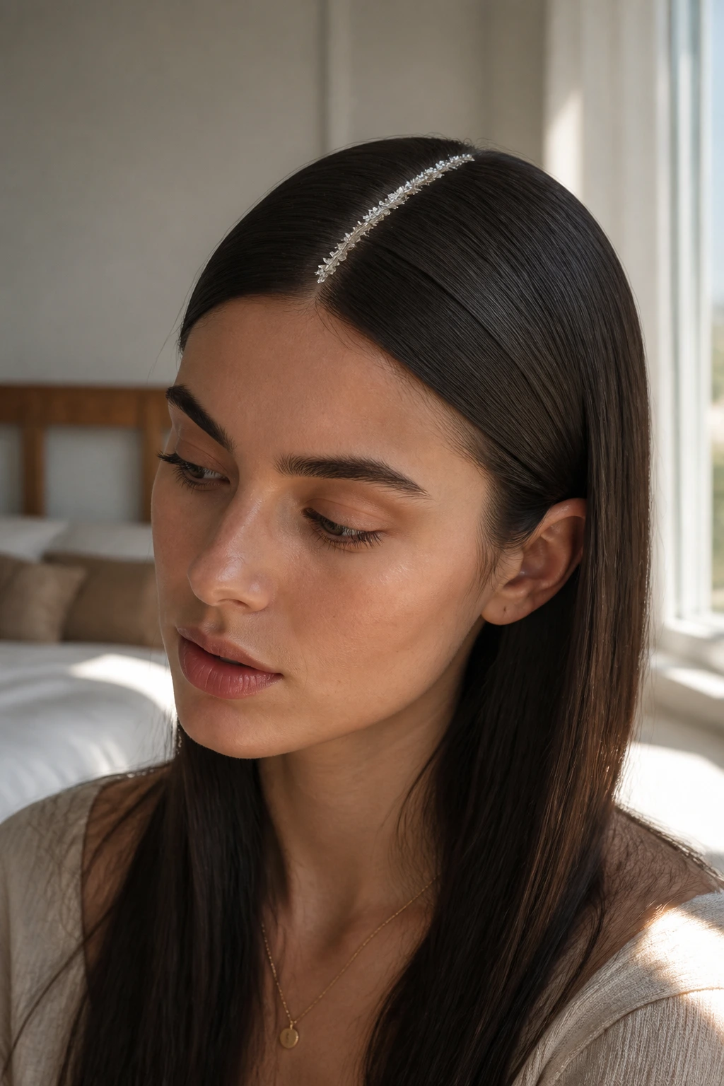 Close-up of a real woman with a minimalist silver leaf parting along the center part