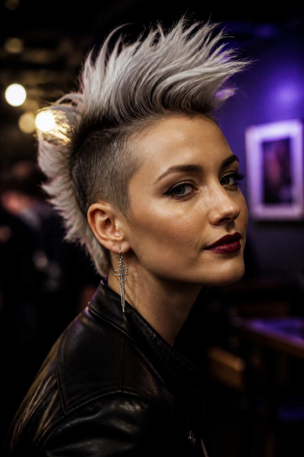 Close-up of real person with silver-tipped mohawk