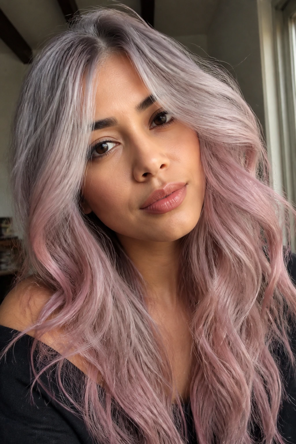 Close-up portrait of a real person with silver-pink smoky hair in natural window light