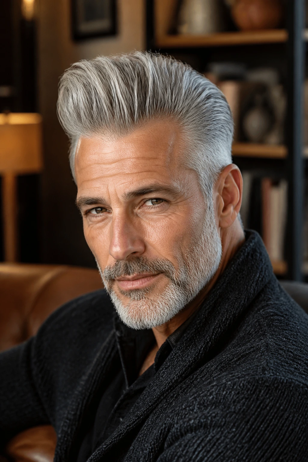 Portrait of an older man with silver pompadour in a cozy setting.