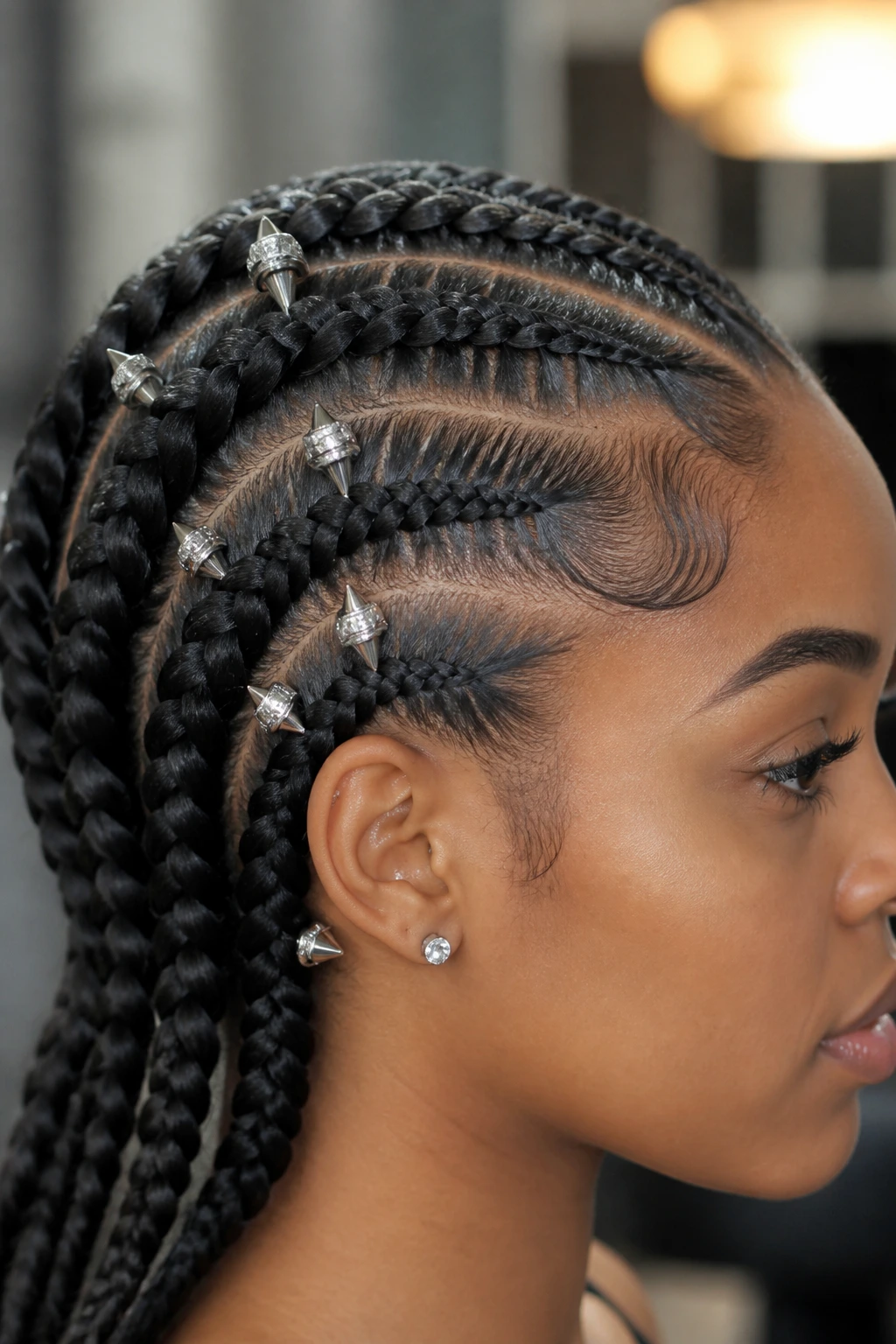 Real woman wearing silver spike cuffs on braids.