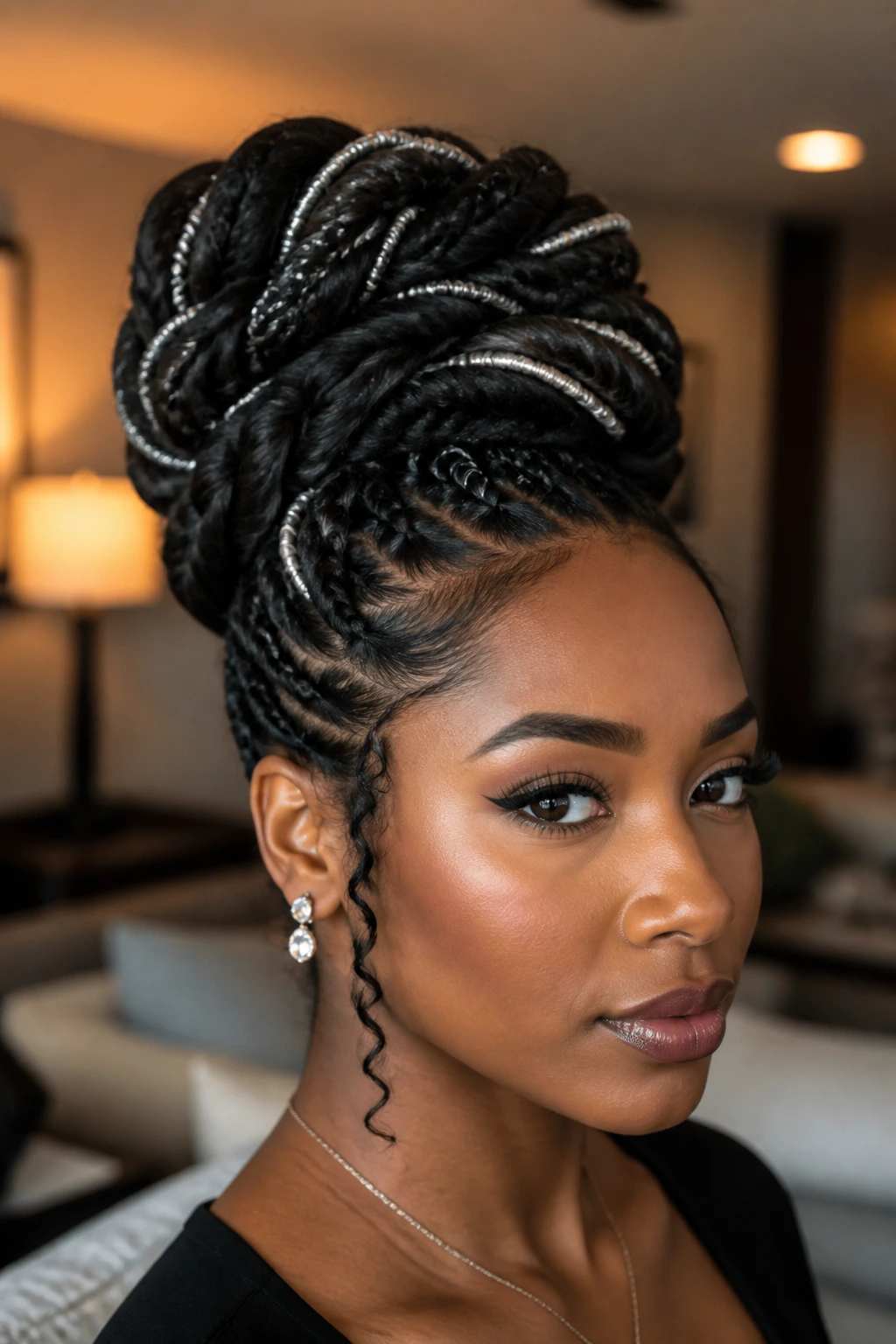 Close-up of updo with silver thread woven through the twists on a real person