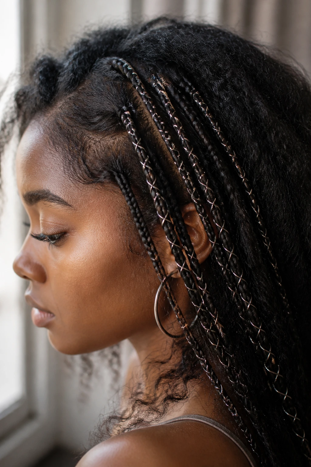 Close-up of micro-braids with silver wire accents in thick hair on a real person