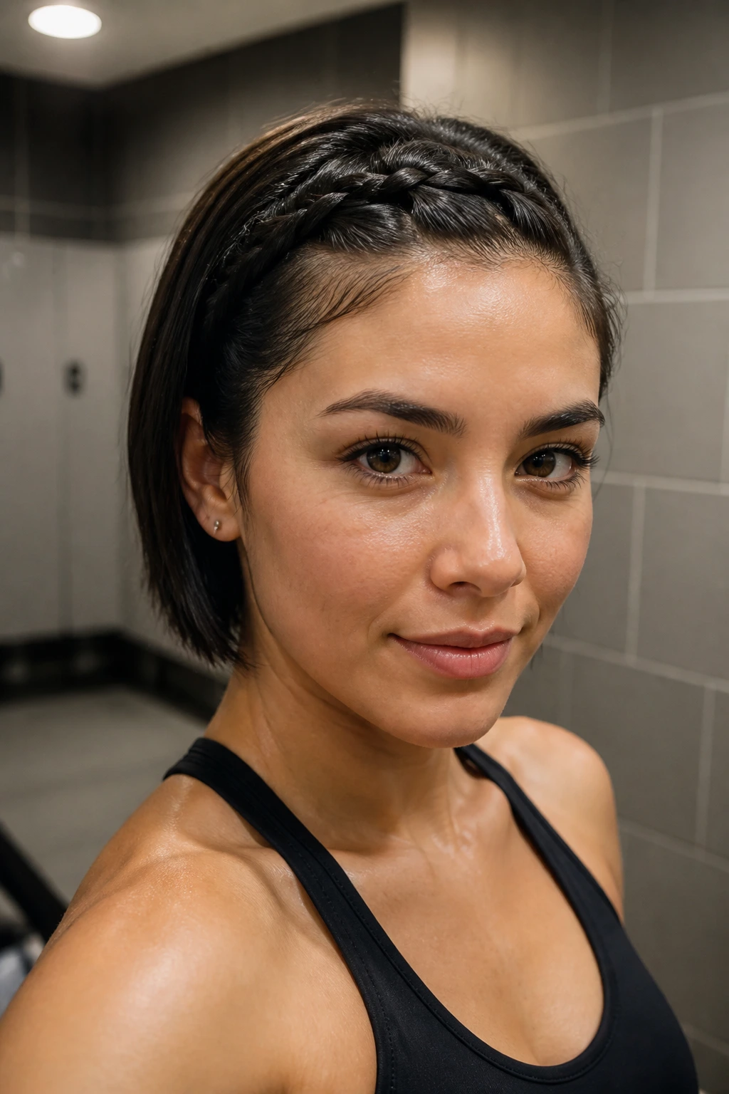 Real woman with a single braided bang during workout
