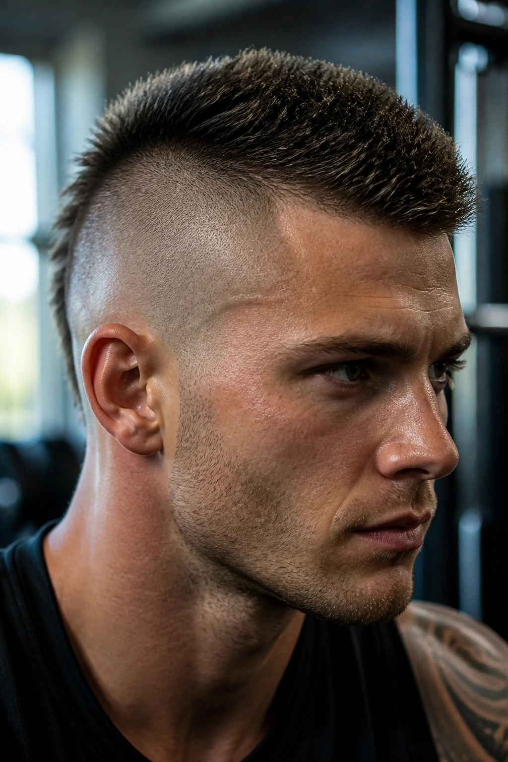 Close-up portrait of a man with a skin-fade fohawk in a gym locker room.