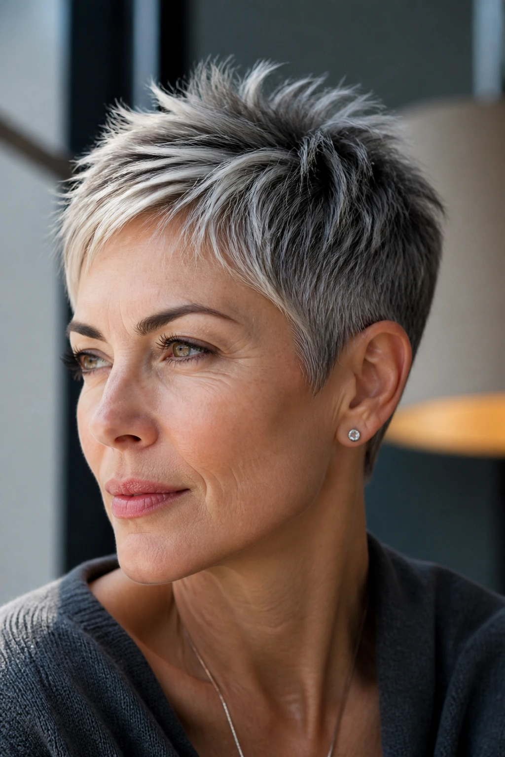 Close-up portrait of a woman with slate grey hair and white frosting highlights in a pixie cut