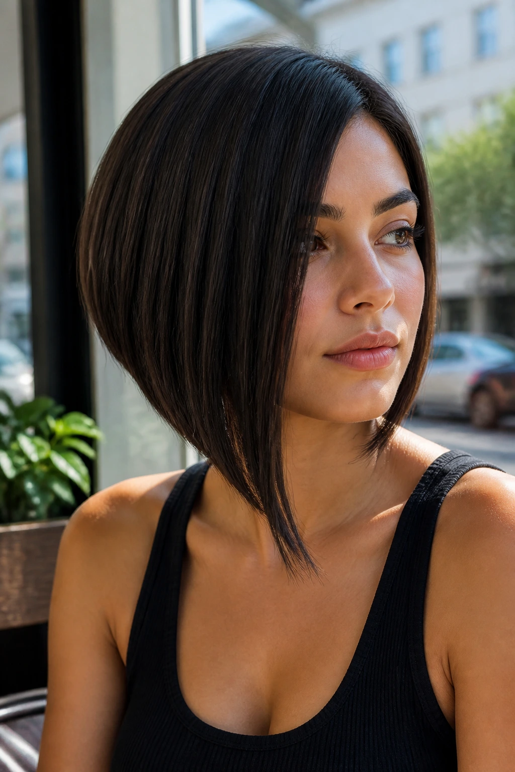 Real woman with sleek asymmetrical A-line bob in cafe light