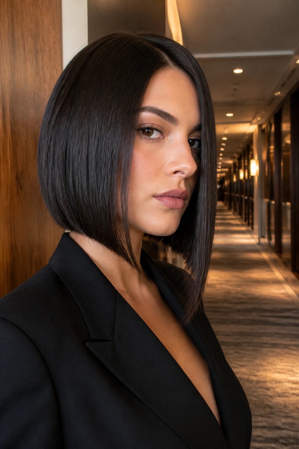 Close-up portrait of a real woman with a sleek A-line bob