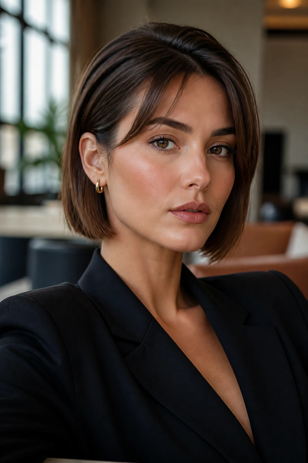 Close-up of a real person with a sleek, slicked angular bob and curtain bangs