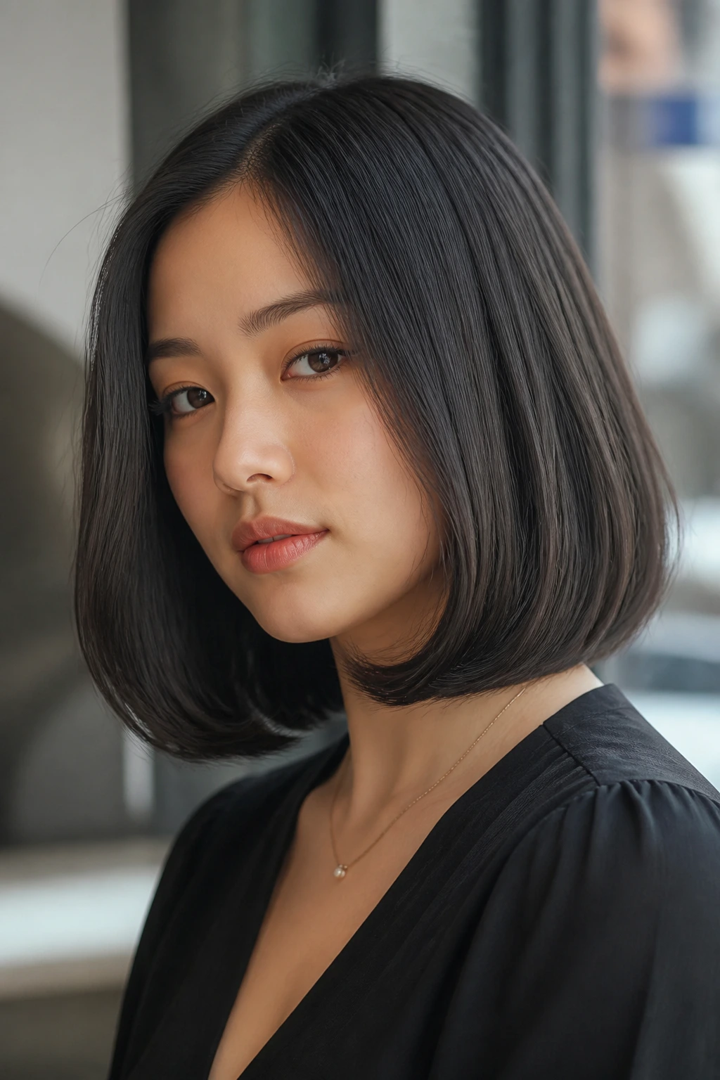 Close-up of a woman with a sleek bob and inward-curled ends
