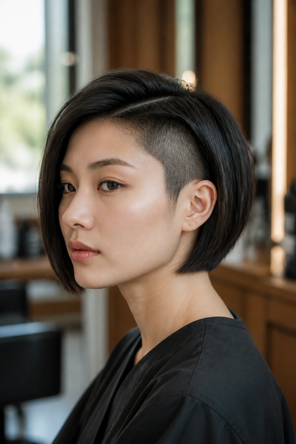 Close-up of real Asian woman with sleek jaw-length bob and shaved side in salon window light