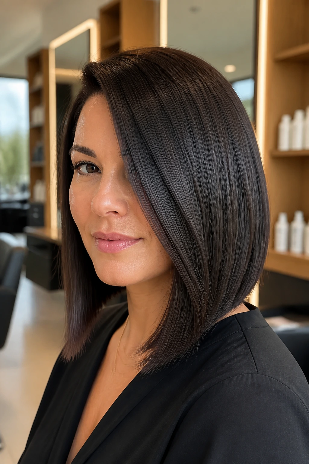 Close-up portrait of a woman with a deep side-parted sleek lob highlighting diagonal forehead sweep.