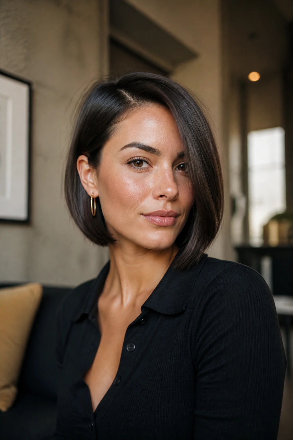 Close-up of a real woman with a deep side-part sleek bob in warm indoor light