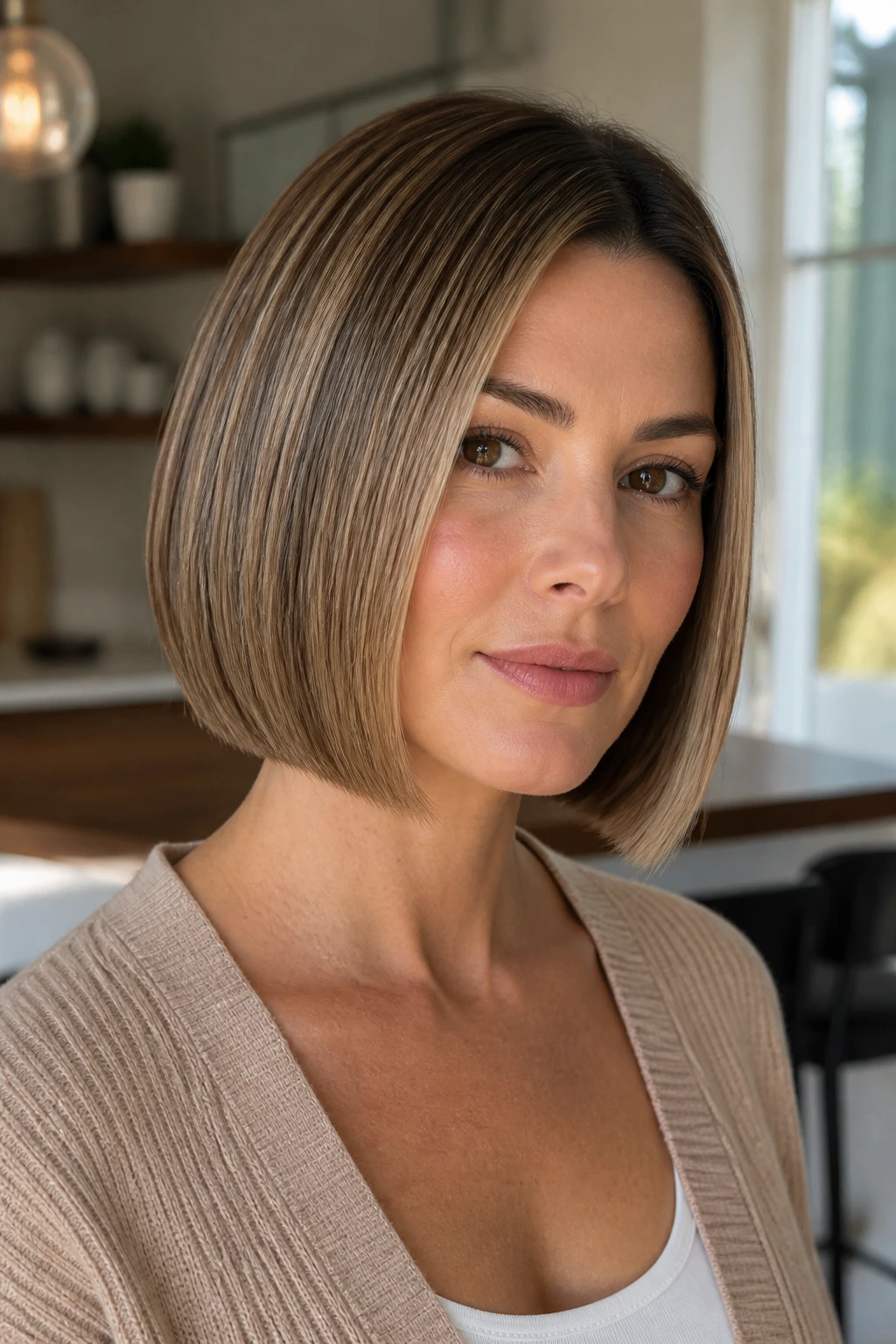 Close-up of a woman with a sleek one-length bob and subtle blonde highlights