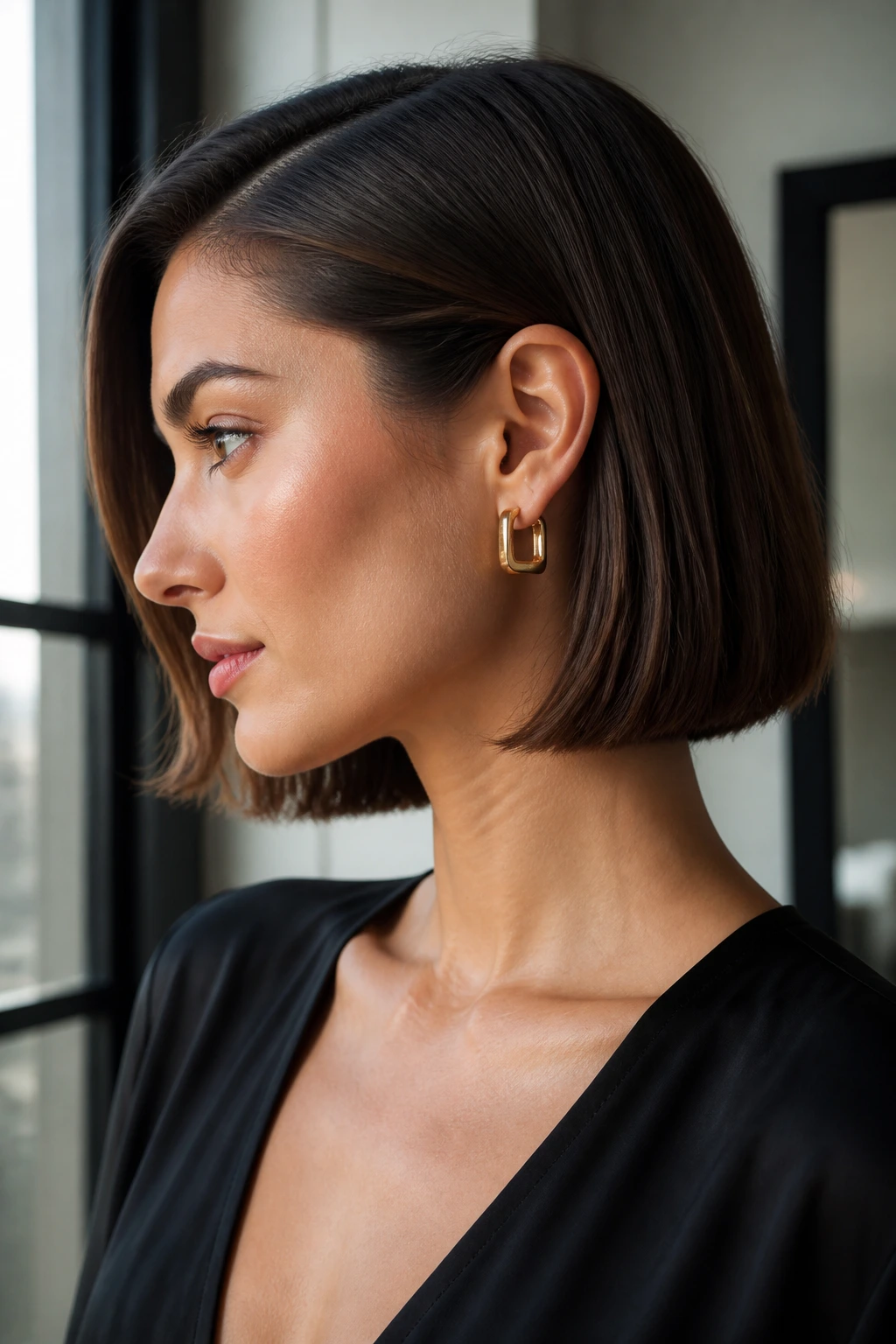 Portrait of a woman with a sleek bob tucked behind the ear