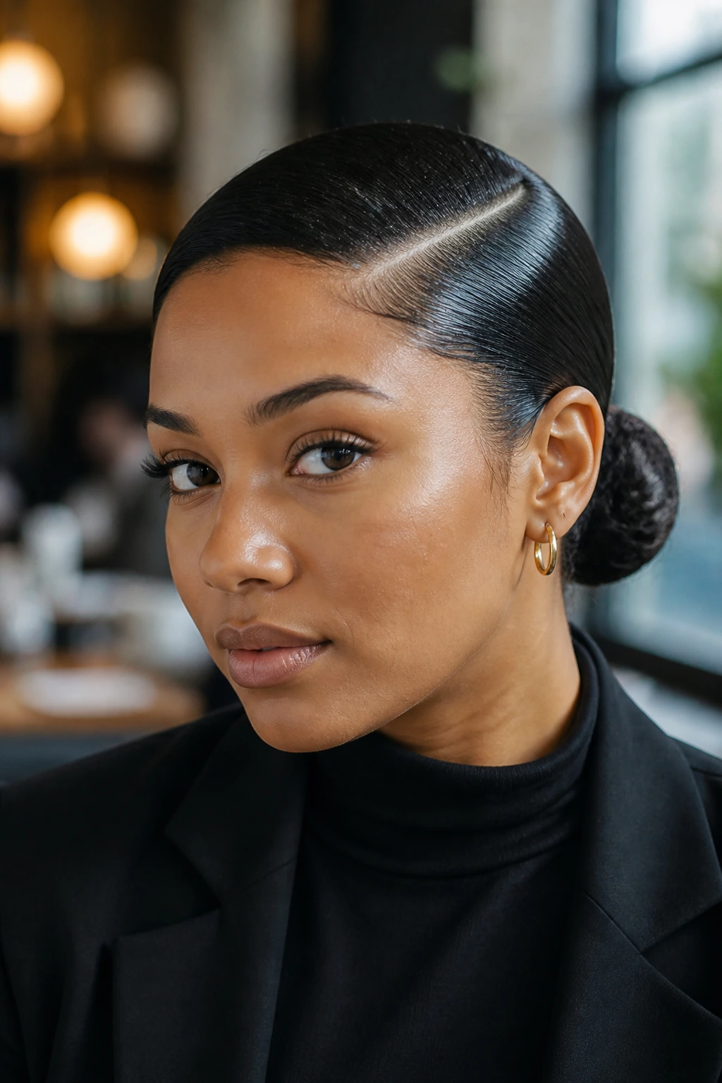 Close-up portrait of a woman with a deep part and sleek low bun