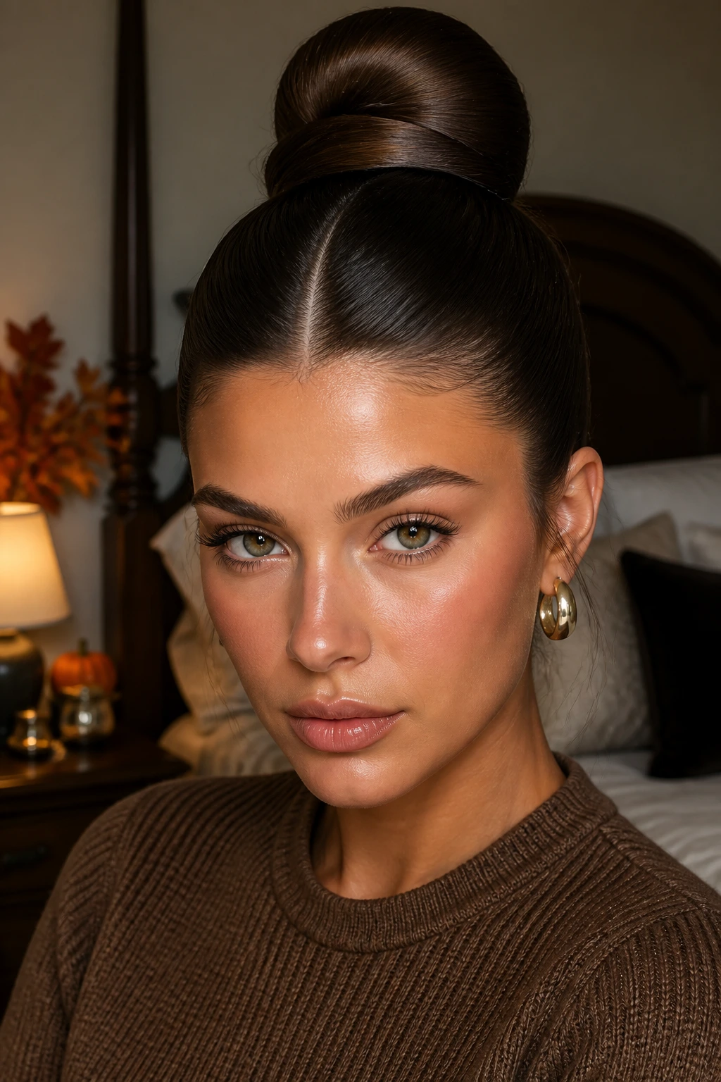 Portrait of a woman with a high sleek bun and middle part in warm indoor light