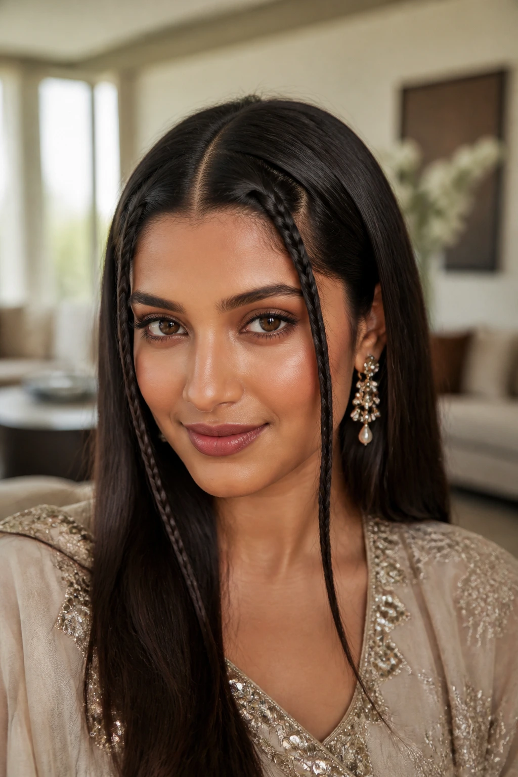 Close-up of sleek center-part with braids on a real woman