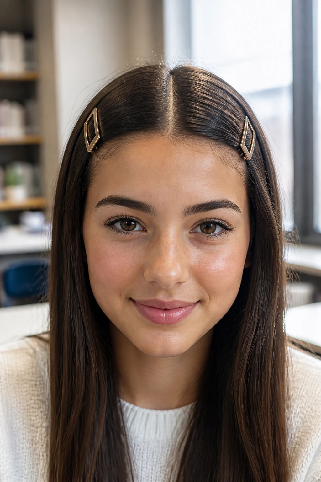 Close-up of a sleek center-part hairstyle with geometric clips