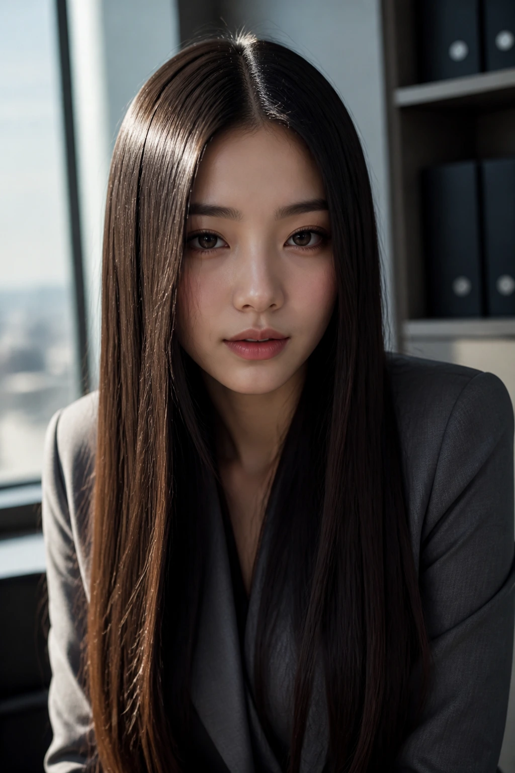 Real woman with sleek center-part long hair in an office setting.