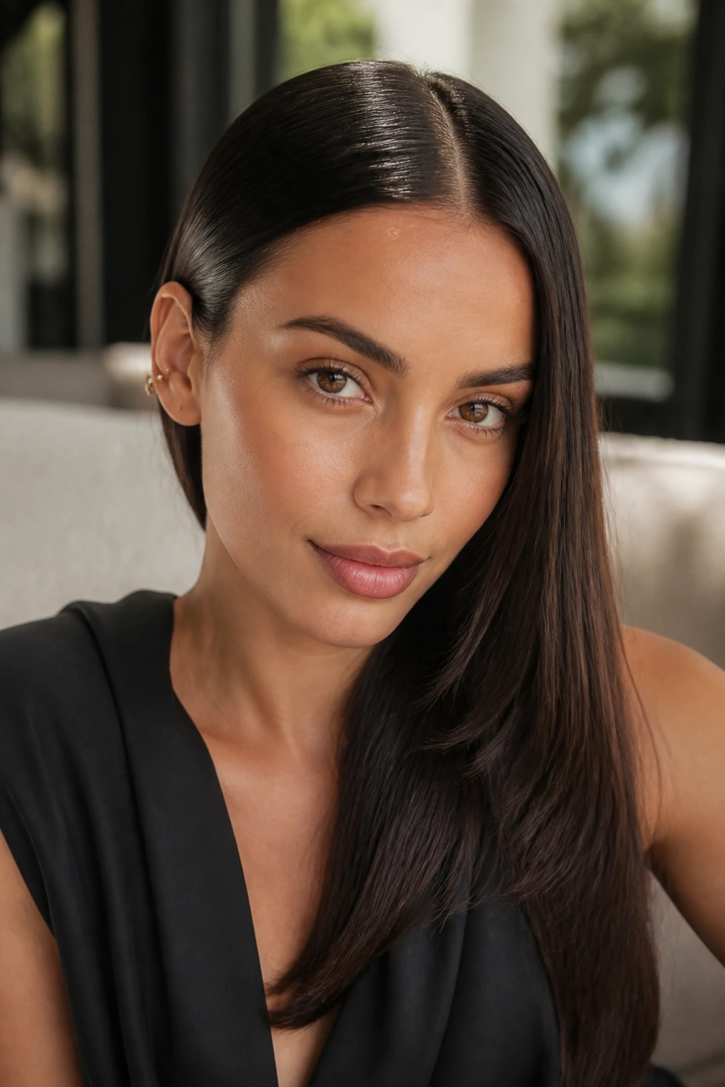 Portrait of a woman with a sleek center-parted hair and glossy finish