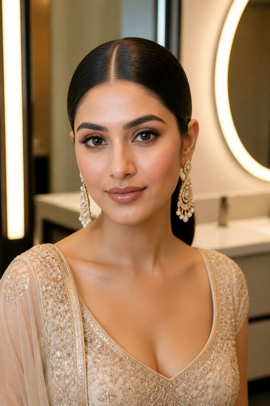 Close-up of a real woman with a sleek center-parted low pony
