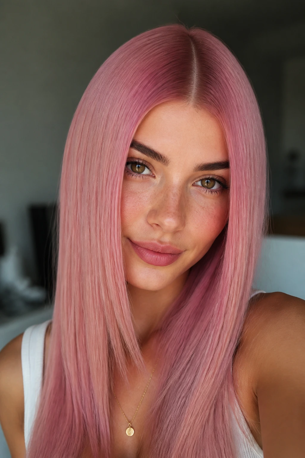 Real person with sleek center-parted, pin-straight pink hair