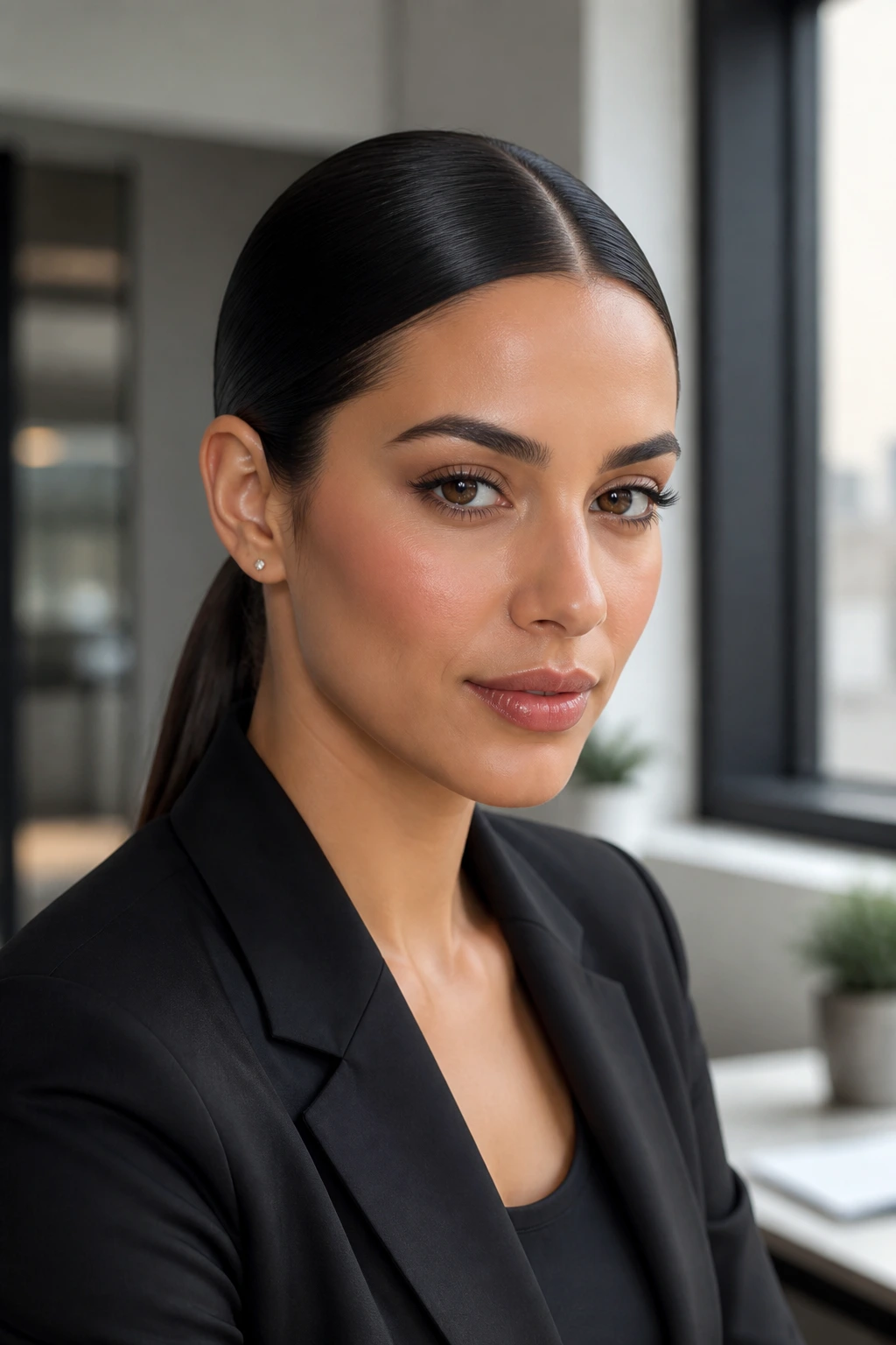 Close-up of a woman with a sleek center-part pony in a modern office setting