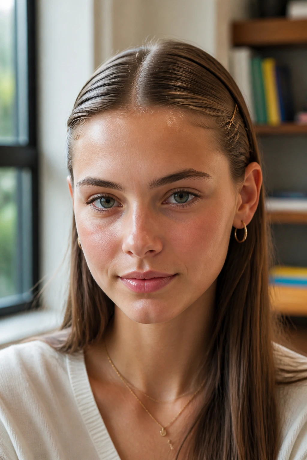 Close-up of a real person with a sleek center part and tucked sides