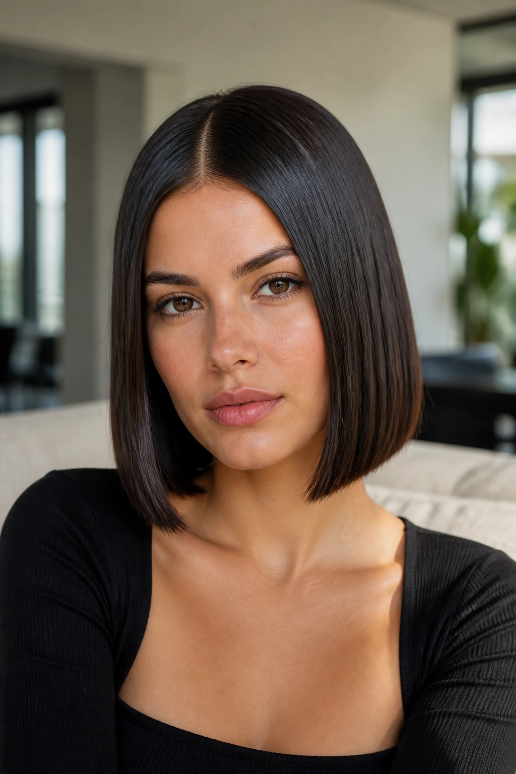 Portrait of a woman with a sleek center-parted bob in natural daylight