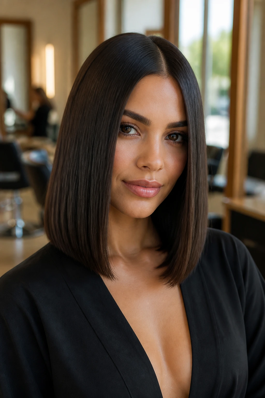 Close-up of a real woman with a sleek center-parted long bob and high shine